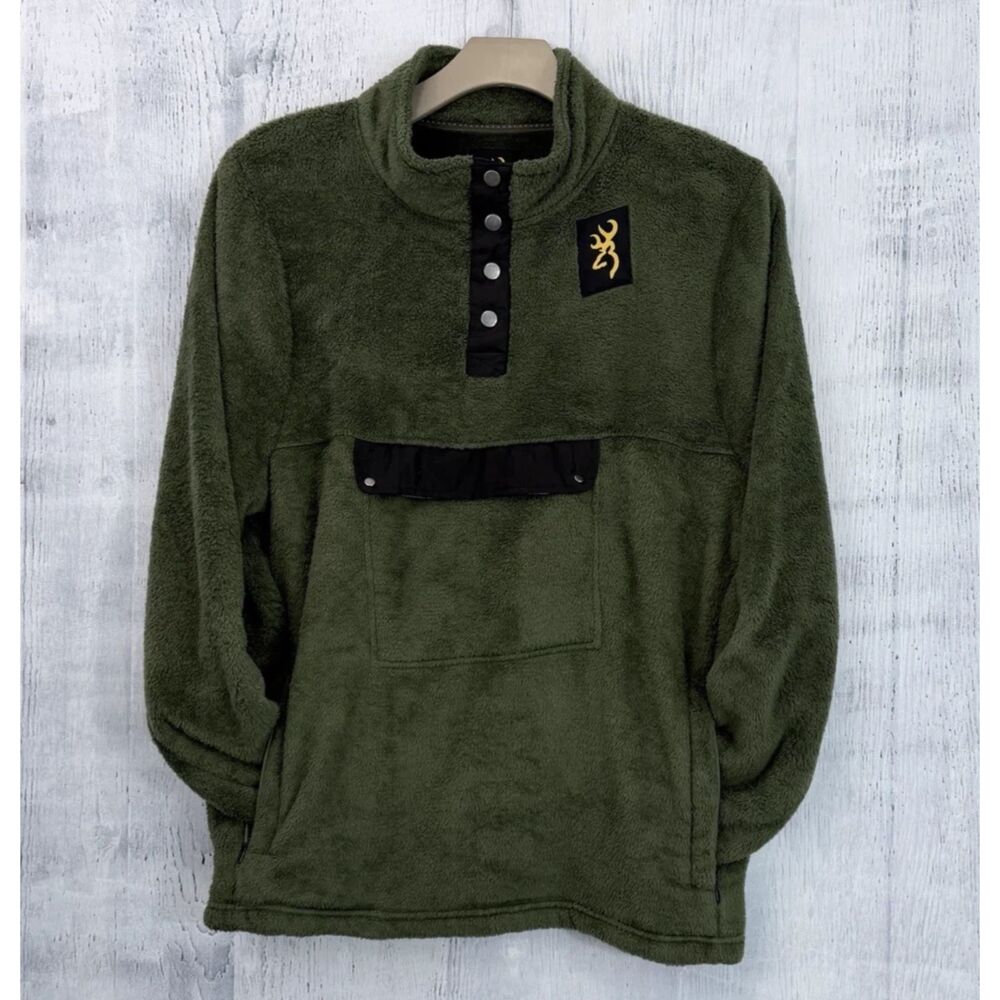 Browning High Pile Fleece Jacket Mens XL Green Pullover Sherpa 1/4 Snap Outdoor